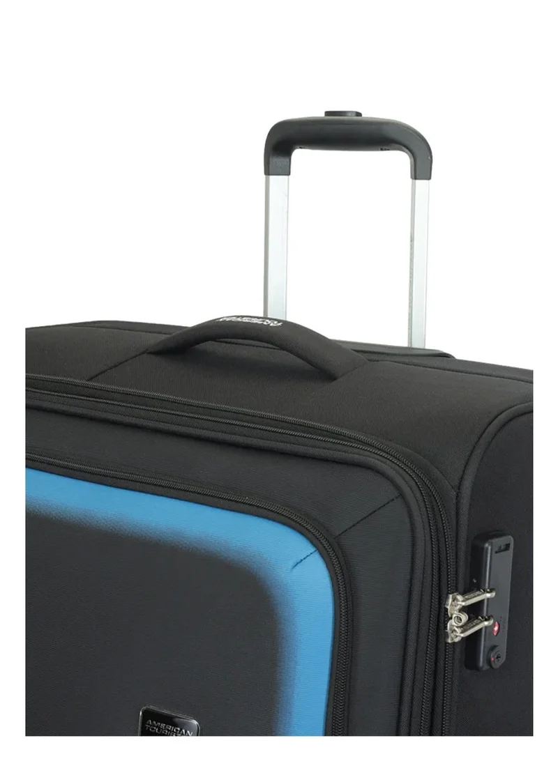 AMERICAN TOURISTER Seville Suitcase, Cabin Size 57 cm / 20 inch, 4 Wheels, Soft Top, Polyester, Black|TSA Lock|Front Storage Compartment|Inner Mesh Zippered Pocket - 3 Years International Warranty